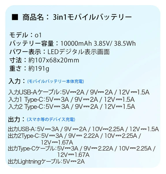 CICIBELLA シシベラ 3in1 モバイルバッテリー スノーグレー パールレース 大容量 10000mAh 軽量 急速充電 2台同時対応 充電器 お出かけ 持ち運び アウトドア 防災