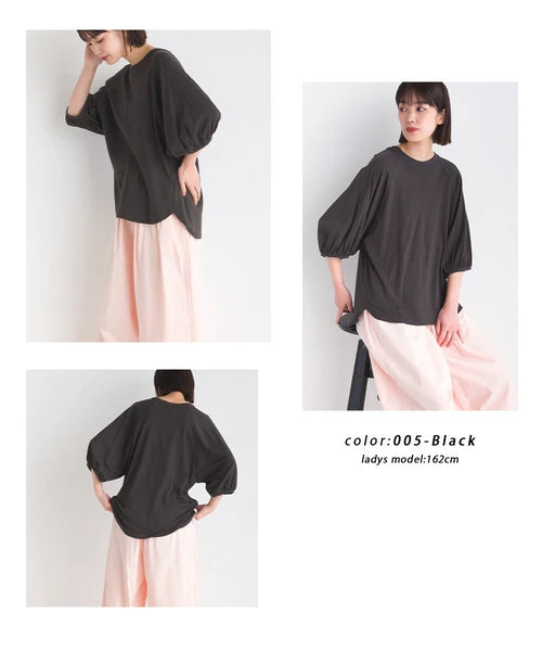 OMNES オムネス 汗じみ防止UV 袖ボリューム半袖プルオーバーTシャツ ホワイト ブラック ベージュ サックス