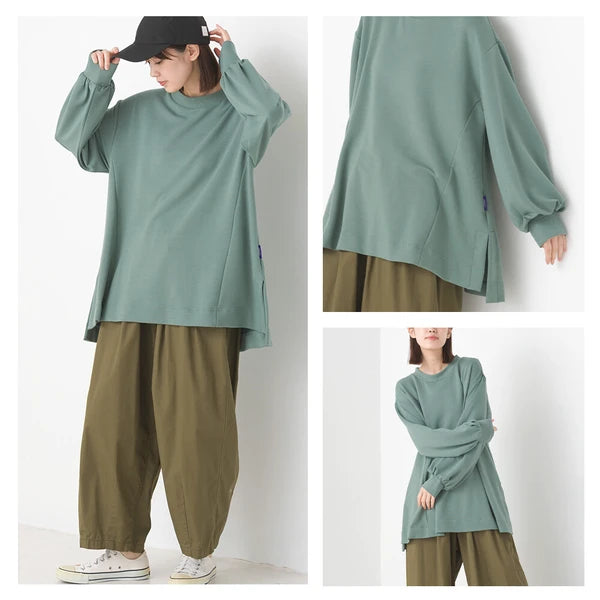 OMNES オムネス +3℃蓄熱ストレッチ ボリューム長袖Tシャツ レディース Aライン アイボリー ブラック ブラウン グリーン パープル あたたかい 2024秋冬