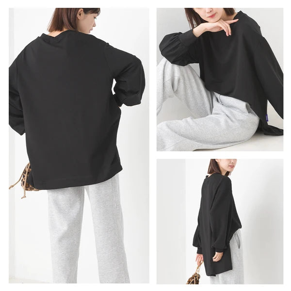 OMNES オムネス +3℃蓄熱ストレッチ ボリューム長袖Tシャツ レディース Aライン アイボリー ブラック ブラウン グリーン パープル あたたかい 2024秋冬