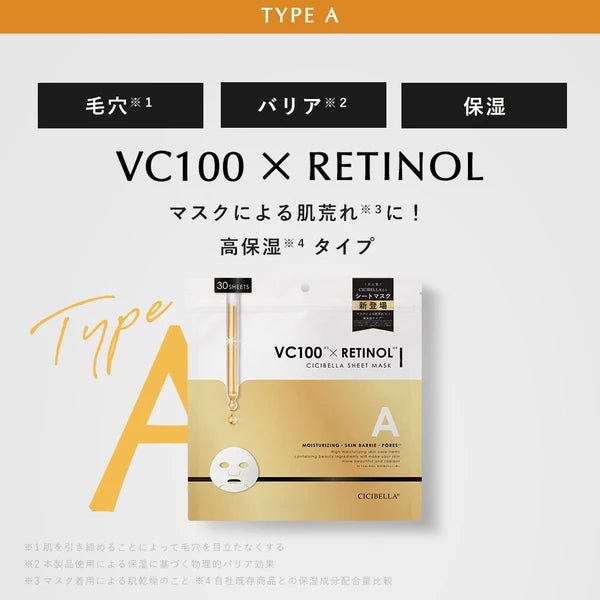CICIBELLA シシベラ ヒト幹細胞×VC200 VC100 × RETINOL タイプA レチノール VC100 × CICA シカ タイプB シートマスク 30枚入 高保湿 フェイスパック 高浸透 毛穴 ツヤハリ エイジングケア 肌荒れ予防 乾燥肌 バリア機能 無添加 日本製