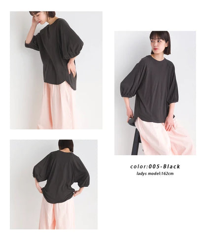 OMNES オムネス 汗じみ防止UV 袖ボリューム半袖プルオーバーTシャツ ホワイト ブラック ベージュ サックス