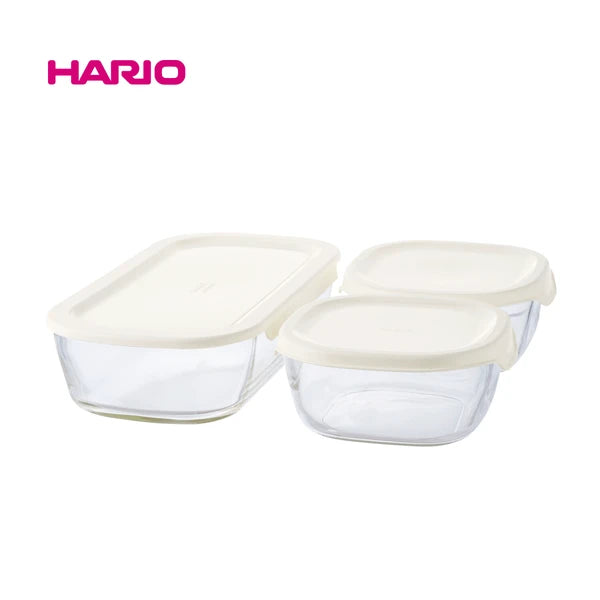 HARIO ハリオ 耐熱ガラスコンテナ M 3点セット スタッキング ホワイト 電子レンジ オーブン タッパー 食器乾燥機対応 熱湯洗浄対応