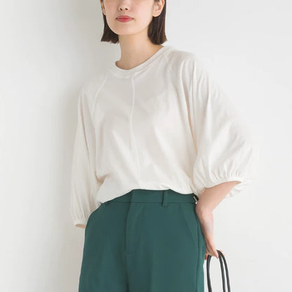 OMNES オムネス 汗じみ防止UV 袖ボリューム半袖プルオーバーTシャツ ホワイト ブラック ベージュ サックス
