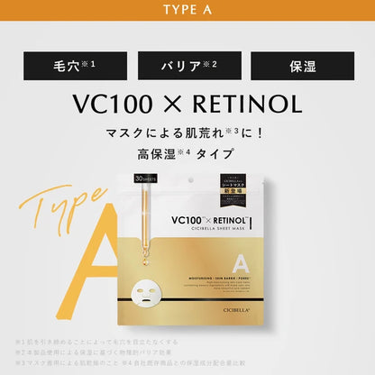 CICIBELLA シシベラ ヒト幹細胞×VC200 VC100 × RETINOL タイプA レチノール VC100 × CICA シカ タイプB シートマスク 30枚入 高保湿 フェイスパック 高浸透 毛穴 ツヤハリ エイジングケア 肌荒れ予防 乾燥肌 バリア機能 無添加 日本製